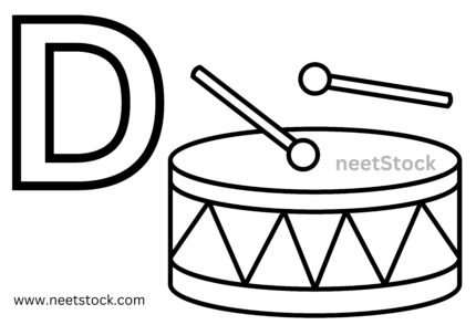 Drum drawing with capital D for coloring book